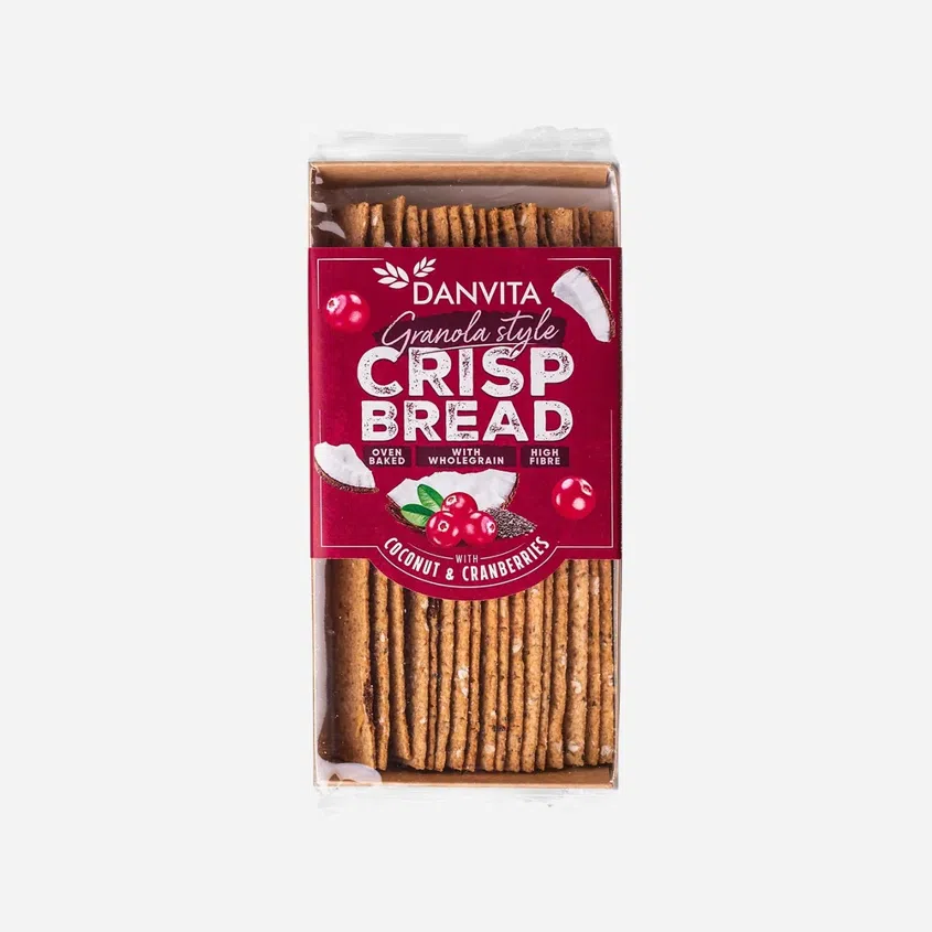 Křehké pšeničné granola plátky s kokosem, brusinkami a chia semínky